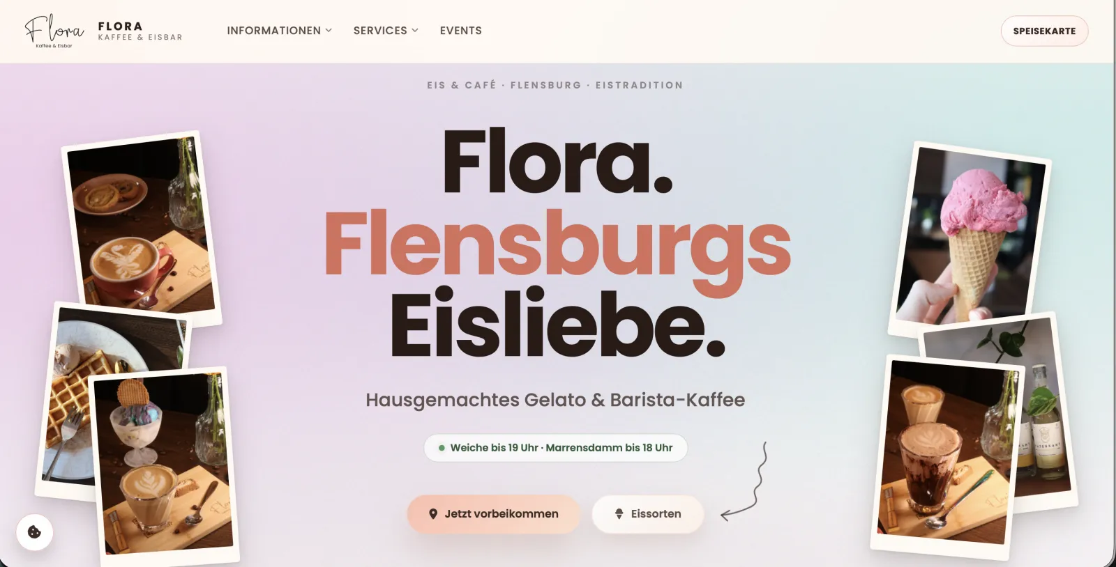 Flora — Website des eigenen Cafés in Flensburg