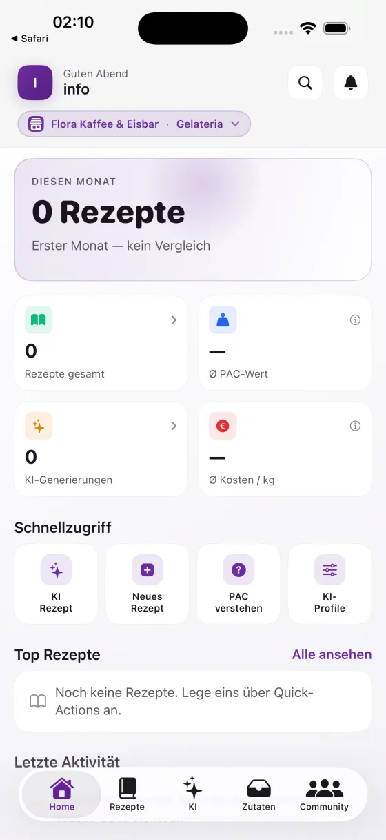 Glacelia iOS-App — KI-gestützte Rezeptur & Kalkulation