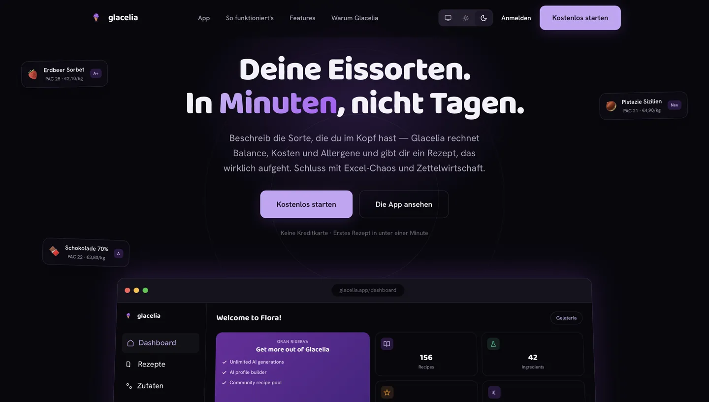 Webprojekt von Jason Holweg: Glacelia — Screenshot der Website
