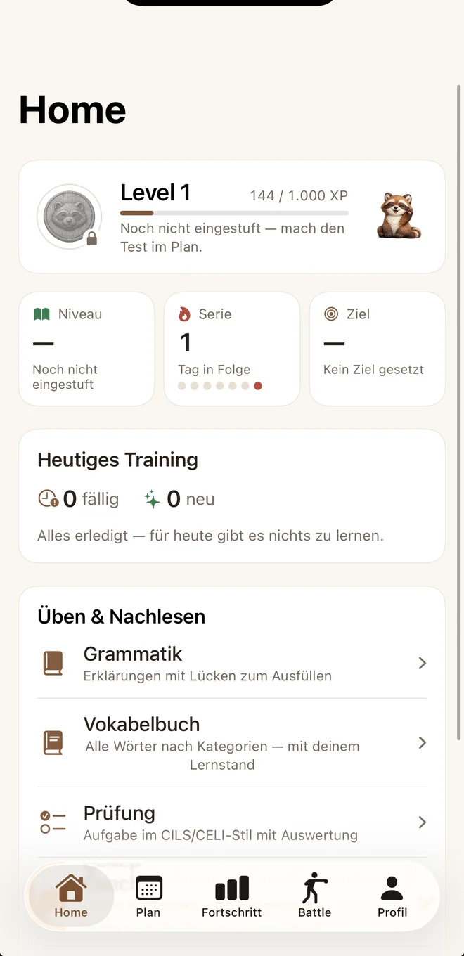 Tanuki App — Screen aus der Sprachlern-App